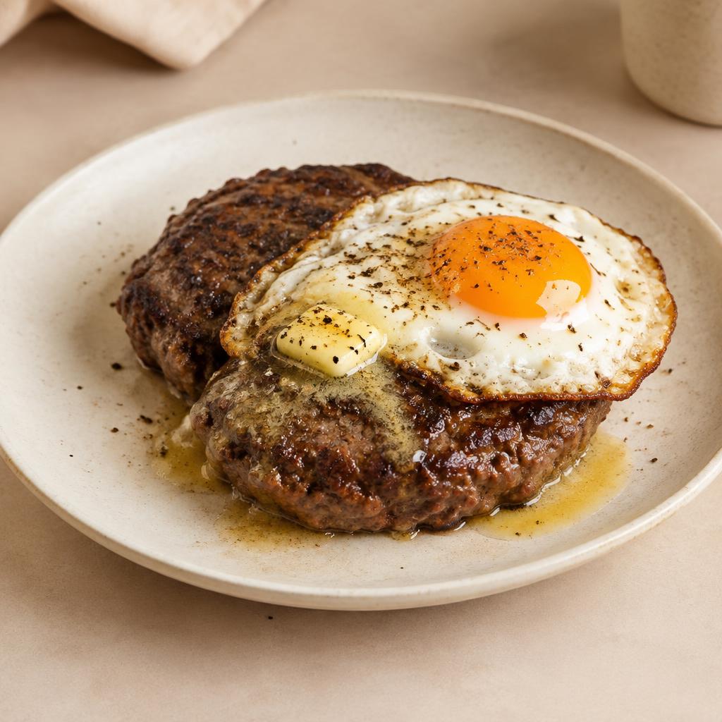 Prato de carne com ovo, refeição simples do início do programa